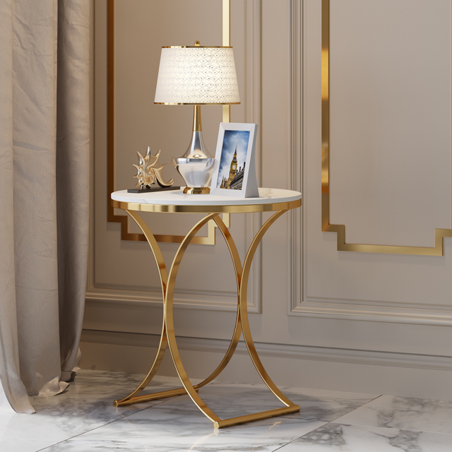Modern Luxurious Round White Marble Stone Side Table X-Base End Table in Gold - image 1