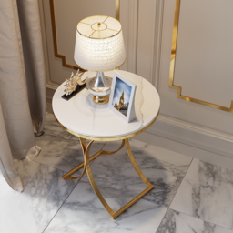 Modern Luxurious Round White Marble Stone Side Table X-Base End Table in Gold - thumbnail 2