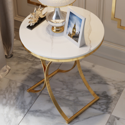 Modern Luxurious Round White Marble Stone Side Table X-Base End Table in Gold - thumbnail 5