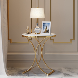 Modern Luxurious Round White Marble Stone Side Table X-Base End Table in Gold - thumbnail 4