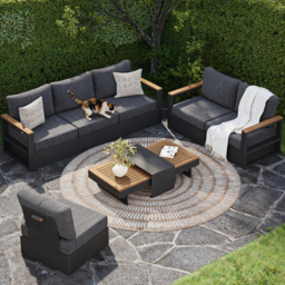 Modern Outdoor Sectional Sofa Set with Teak Wood & Aluminum Frame Convertible 4-Piece in Gray - thumbnail 9