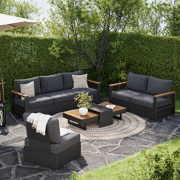 Modern Outdoor Sectional Sofa Set with Teak Wood & Aluminum Frame Convertible 4-Piece in Gray - thumbnail 1