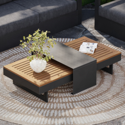 Modern Outdoor Sectional Sofa Set with Teak Wood & Aluminum Frame Convertible 4-Piece in Gray - thumbnail 5