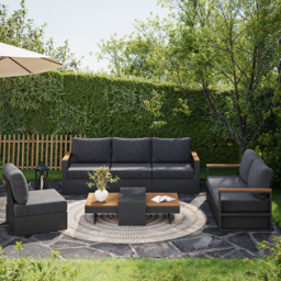 Modern Outdoor Sectional Sofa Set with Teak Wood & Aluminum Frame Convertible 4-Piece in Gray - thumbnail 2