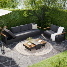 Modern Outdoor Sectional Sofa Set with Teak Wood & Aluminum Frame Convertible 4-Piece in Gray - thumbnail 3