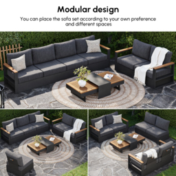 Modern Outdoor Sectional Sofa Set with Teak Wood & Aluminum Frame Convertible 4-Piece in Gray - thumbnail 6