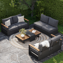 Modern Outdoor Sectional Sofa Set with Teak Wood & Aluminum Frame Convertible 4-Piece in Gray - thumbnail 4