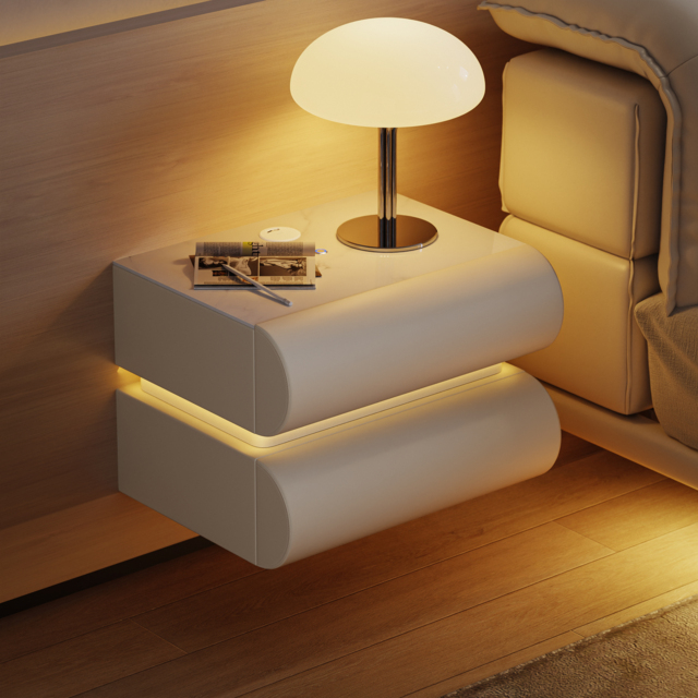 Humply Floating Leather 2-Drawer Smart LED Bedside Table with Sintered Stone Top - image 1