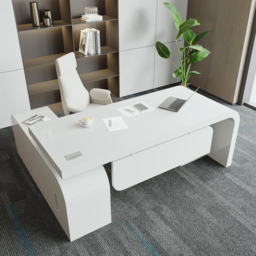 L-shaped Modern Executive Desk & Reclining Leather Office Desk Chair High Back - thumbnail 2