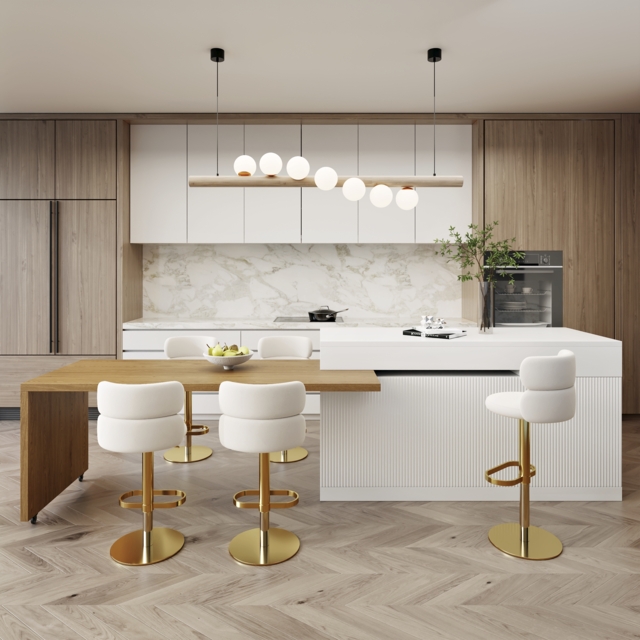 Extendable Kitchen Island White with Doors Drawers Marble Top 205-270cm - image 1