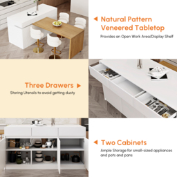 Extendable Kitchen Island White with Doors Drawers Marble Top 205-270cm - thumbnail 5