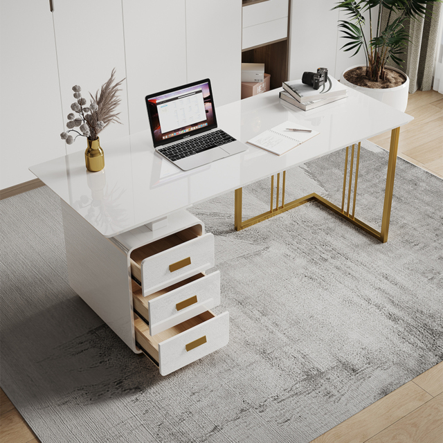 1400mm Modern White Office Desk with Drawers File Cabinet in Gold Base - image 1