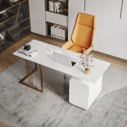 1400mm Modern White Office Desk with Drawers File Cabinet in Gold Base - thumbnail 2