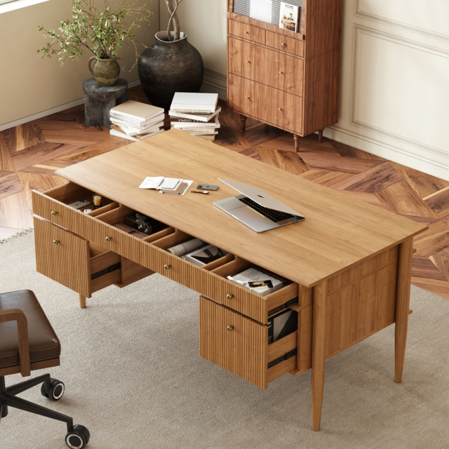 Mid-Century Solid Wood Home Office Desk with 6 Drawers Natural Executive Writing Desk (1625mm) - image 1