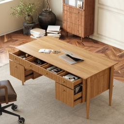 Mid-Century Solid Wood Home Office Desk with 6 Drawers Natural Executive Writing Desk (1625mm) - thumbnail 1