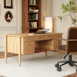 Mid-Century Solid Wood Home Office Desk with 6 Drawers Natural Executive Writing Desk (1625mm) - thumbnail 3