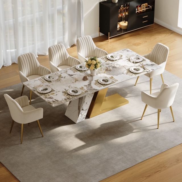 220 cm Rectangle Dining Table Faux Marble Top for 10 Stainless Steel Modern - image 1