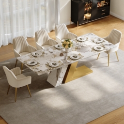 220 cm Rectangle Dining Table Faux Marble Top for 10 Stainless Steel Modern - thumbnail 4