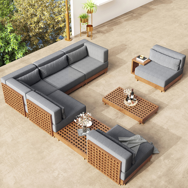 9-Pieces Teak Luxury Modular L-Shaped Garden Patio Sectional Sofa Set in Grey with Coffee Table and Cushions - image 1