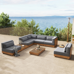 9-Pieces Teak Luxury Modular L-Shaped Garden Patio Sectional Sofa Set in Grey with Coffee Table and Cushions - thumbnail 2