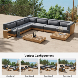 9-Pieces Teak Luxury Modular L-Shaped Garden Patio Sectional Sofa Set in Grey with Coffee Table and Cushions - thumbnail 5