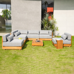 9-Pieces Teak Luxury Modular L-Shaped Garden Patio Sectional Sofa Set in Grey with Coffee Table and Cushions - thumbnail 5
