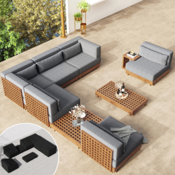 9-Pieces Teak Luxury Modular L-Shaped Garden Patio Sectional Sofa Set in Grey with Coffee Table and Cushions - thumbnail 6
