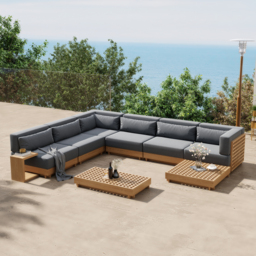 9-Pieces Teak Luxury Modular L-Shaped Garden Patio Sectional Sofa Set in Grey with Coffee Table and Cushions - thumbnail 4