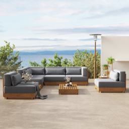 9-Pieces Teak Luxury Modular L-Shaped Garden Patio Sectional Sofa Set in Grey with Coffee Table and Cushions - thumbnail 4