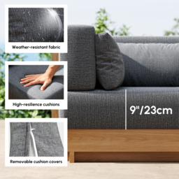 9-Pieces Teak Luxury Modular L-Shaped Garden Patio Sectional Sofa Set in Grey with Coffee Table and Cushions - thumbnail 7