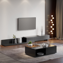 Rectangle Wood Extendable TV Stand Black Floor Media Console with 3 Drawers - thumbnail 7