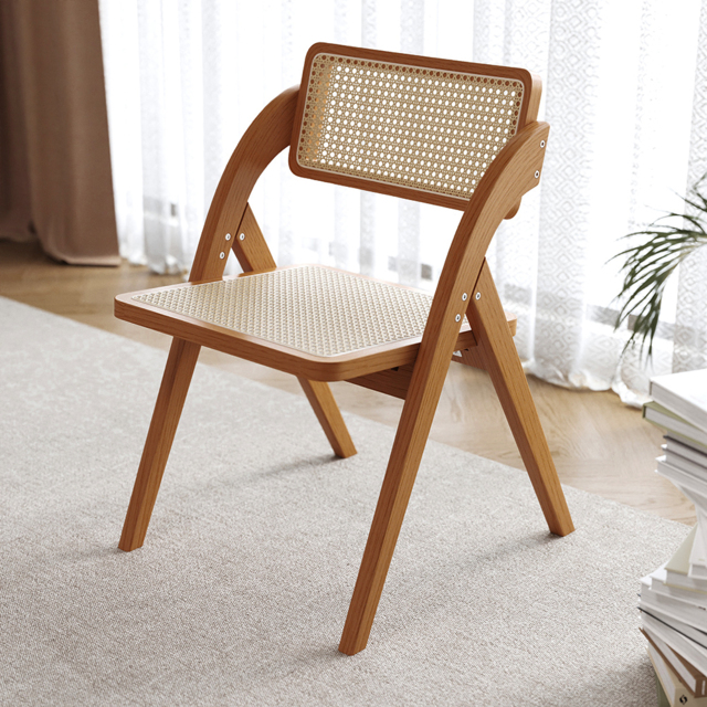 Japandi Walnut Folding Dining Chair (Set of 2) Solid Wood Rattan Side Chair