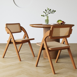 Japandi Walnut Folding Dining Chair (Set of 2) Solid Wood Rattan Side Chair - thumbnail 2