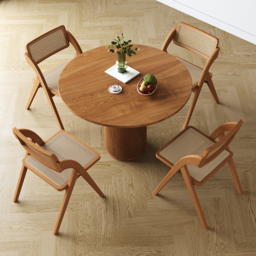 Japandi Walnut Folding Dining Chair (Set of 2) Solid Wood Rattan Side Chair - thumbnail 6