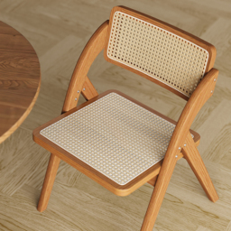 Japandi Walnut Folding Dining Chair (Set of 2) Solid Wood Rattan Side Chair - thumbnail 7