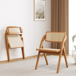 Japandi Walnut Folding Dining Chair (Set of 2) Solid Wood Rattan Side Chair - thumbnail 8