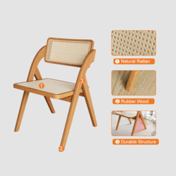 Japandi Walnut Folding Dining Chair (Set of 2) Solid Wood Rattan Side Chair - thumbnail 3