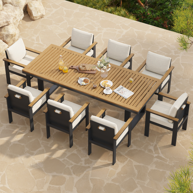 Rectangle Teak Wood & Aluminium Outdoor Patio Dining Table Modern Yard & Patio Furniture for 6 - 8 Person Teak & Aluminium Outdoor Dining Chair - image 1