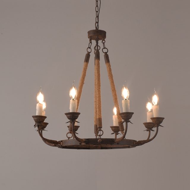 Candlely Rustic Iron Flaxen Hemp Rope & Metal 8-Light Round Candelabra Chandelier Rust - image 1