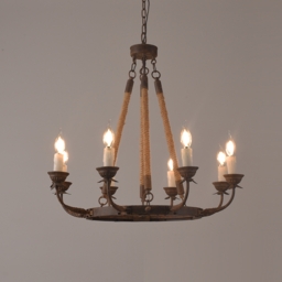 Candlely Rustic Iron Flaxen Hemp Rope & Metal 8-Light Round Candelabra Chandelier Rust - thumbnail 1