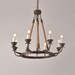 Candlely Rustic Iron Flaxen Hemp Rope & Metal 8-Light Round Candelabra Chandelier Rust - thumbnail 5