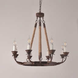 Candlely Rustic Iron Flaxen Hemp Rope & Metal 8-Light Round Candelabra Chandelier Rust - thumbnail 9