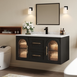 1070mm Arune Black Bathroom Vanity with Arched Glass Doors, Drawers and Light - thumbnail 2