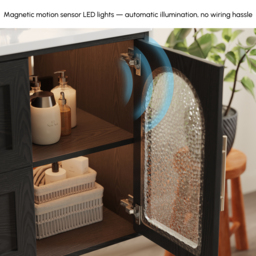 1070mm Arune Black Bathroom Vanity with Arched Glass Doors, Drawers and Light - thumbnail 7