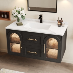 1070mm Arune Black Bathroom Vanity with Arched Glass Doors, Drawers and Light - thumbnail 1