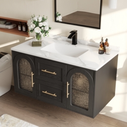 1070mm Arune Black Bathroom Vanity with Arched Glass Doors, Drawers and Light - thumbnail 3