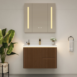 "Modern 32"" Floating Fluted Bathroom Vanity with Sink, Soft LED, Ample Storage"