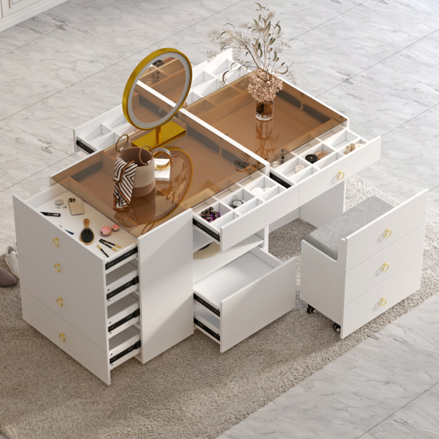 Glass 150 cm Vanity Dresser Top Walk in Wardrobe Island with Storage & Stool - image 1