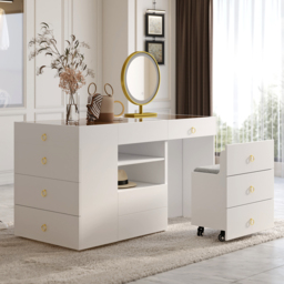 Glass 150 cm Vanity Dresser Top Walk in Wardrobe Island with Storage & Stool - thumbnail 3