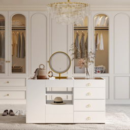 Glass 150 cm Vanity Dresser Top Walk in Wardrobe Island with Storage & Stool - thumbnail 4